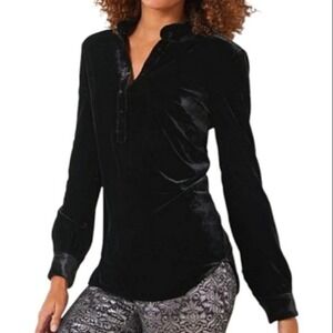 Talbots Ruffle Trim Velvet Popover‎ Blouse Button Front Long Sleeve Black Small